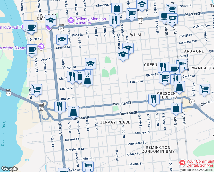 map of restaurants, bars, coffee shops, grocery stores, and more near 902 Castle Street in Wilmington