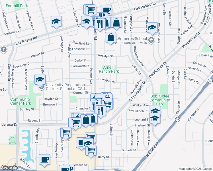 map of restaurants, bars, coffee shops, grocery stores, and more near 1142 Bordeaux Avenue in Camarillo