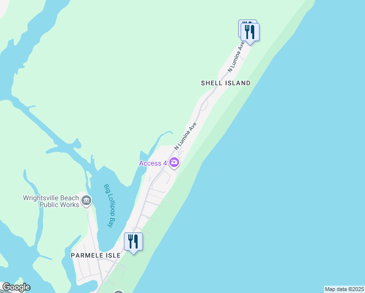 map of restaurants, bars, coffee shops, grocery stores, and more near 2400 North Lumina Avenue in Wrightsville Beach