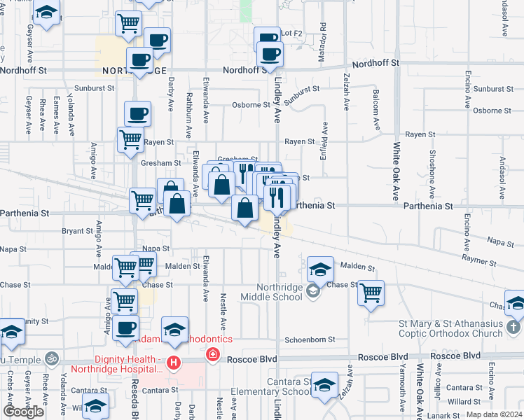 map of restaurants, bars, coffee shops, grocery stores, and more near 18112 Parthenia Street in Los Angeles