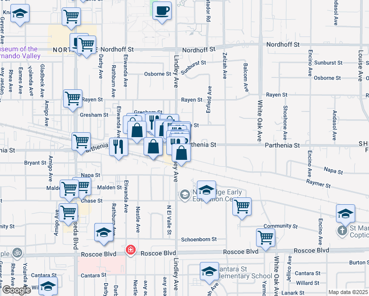 map of restaurants, bars, coffee shops, grocery stores, and more near 18052 Parthenia Street in Los Angeles