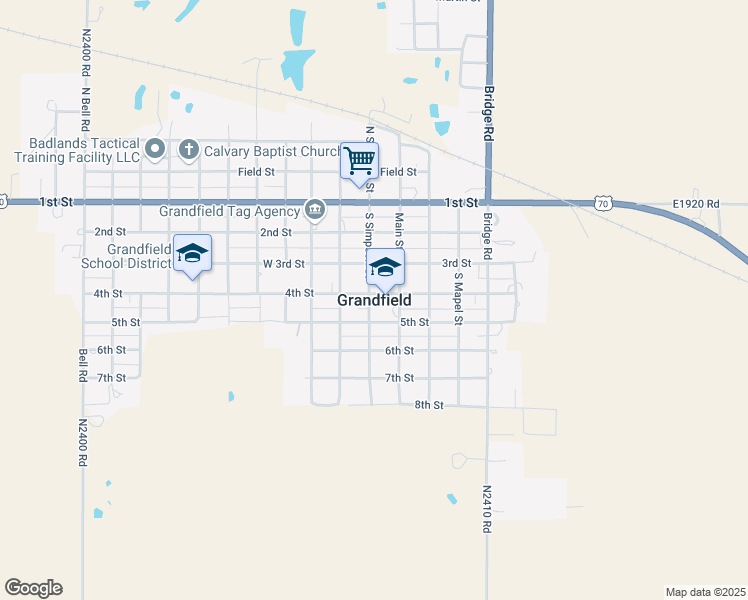 map of restaurants, bars, coffee shops, grocery stores, and more near in Grandfield