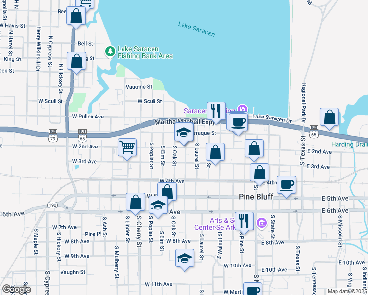 map of restaurants, bars, coffee shops, grocery stores, and more near 717 W 2nd Ave in Pine Bluff