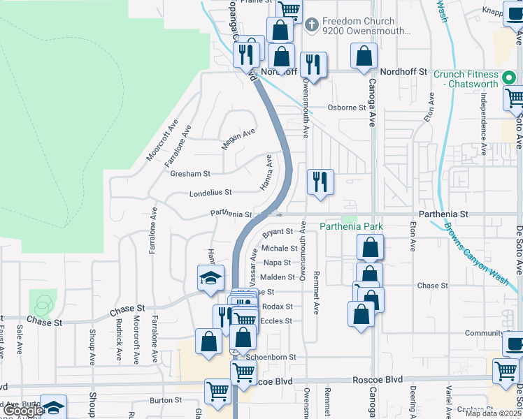 map of restaurants, bars, coffee shops, grocery stores, and more near 8701 Topanga Canyon Boulevard in Los Angeles