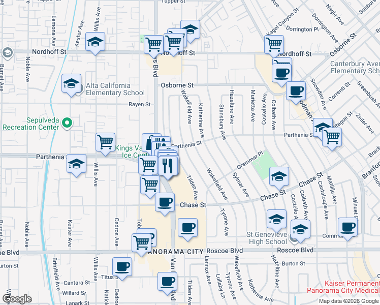 map of restaurants, bars, coffee shops, grocery stores, and more near 8734 Tyrone Avenue in Los Angeles
