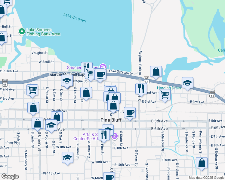 map of restaurants, bars, coffee shops, grocery stores, and more near 129 South Main Street in Pine Bluff