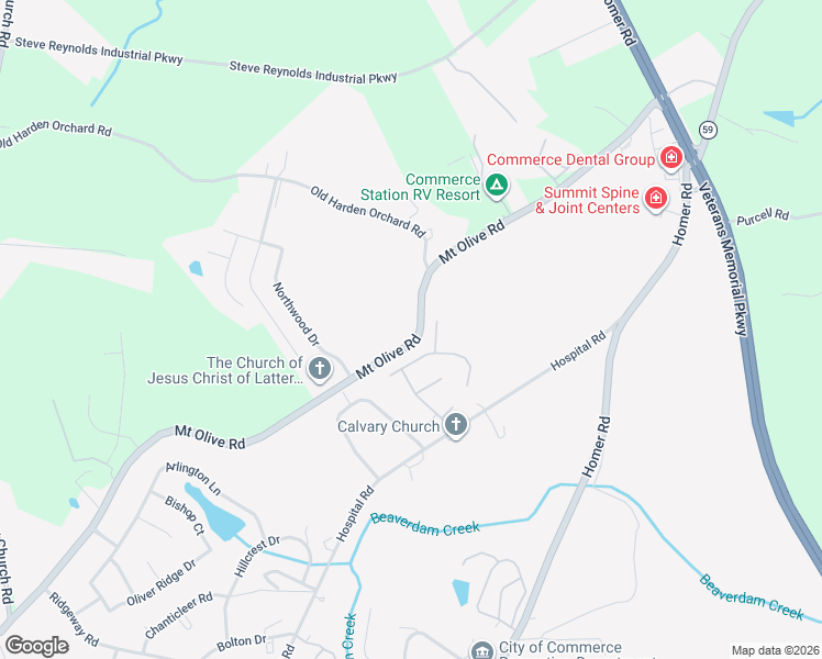 map of restaurants, bars, coffee shops, grocery stores, and more near 5115 Mount Olive Road in Commerce