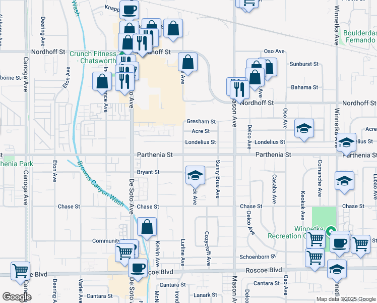 map of restaurants, bars, coffee shops, grocery stores, and more near 20651 Parthenia Street in Los Angeles