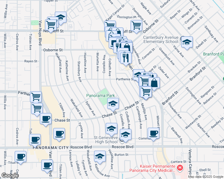 map of restaurants, bars, coffee shops, grocery stores, and more near 8715 Colbath Avenue in Los Angeles