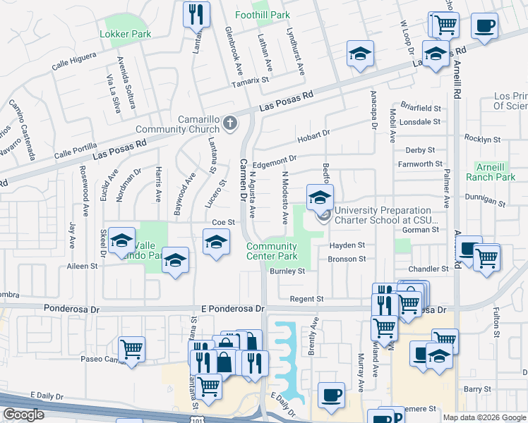 map of restaurants, bars, coffee shops, grocery stores, and more near 1566 Cipres Court in Camarillo