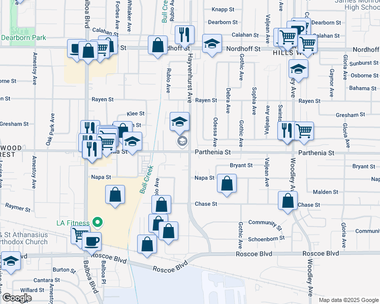 map of restaurants, bars, coffee shops, grocery stores, and more near Parthenia Street & Hayvenhurst Avenue in Los Angeles