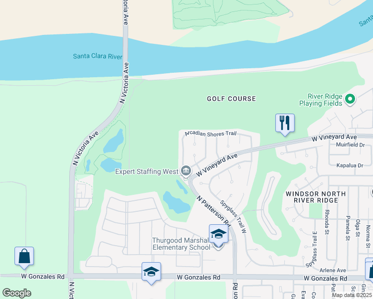 map of restaurants, bars, coffee shops, grocery stores, and more near 2314 Arcadian Shores Trail in Oxnard