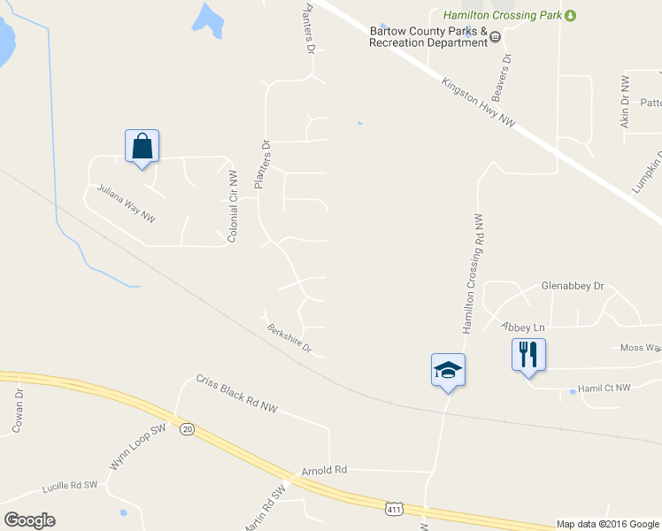 map of restaurants, bars, coffee shops, grocery stores, and more near 17 Clark Way in Cartersville