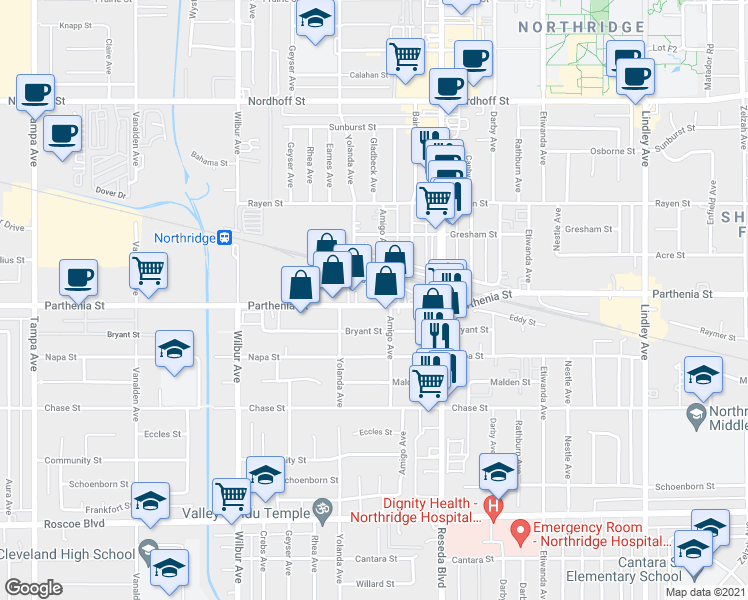 map of restaurants, bars, coffee shops, grocery stores, and more near 18621 Parthenia Street in Los Angeles