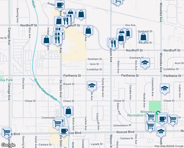 map of restaurants, bars, coffee shops, grocery stores, and more near 20613 Parthenia Street in Los Angeles