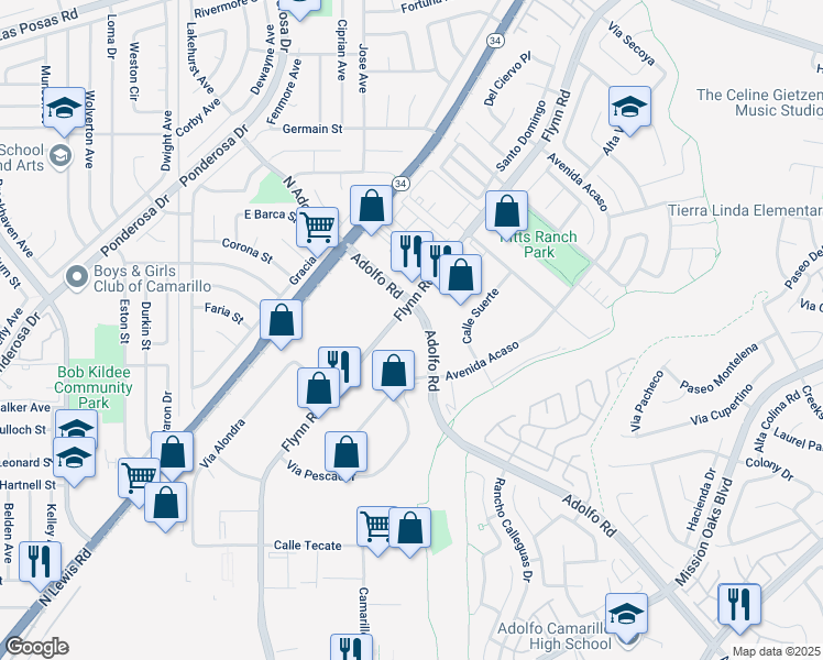 map of restaurants, bars, coffee shops, grocery stores, and more near 1080-1098 Flynn Road in Camarillo