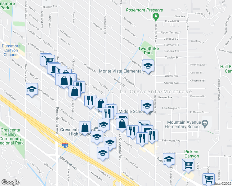 map of restaurants, bars, coffee shops, grocery stores, and more near 2815 Los Olivos Ln in La Crescenta