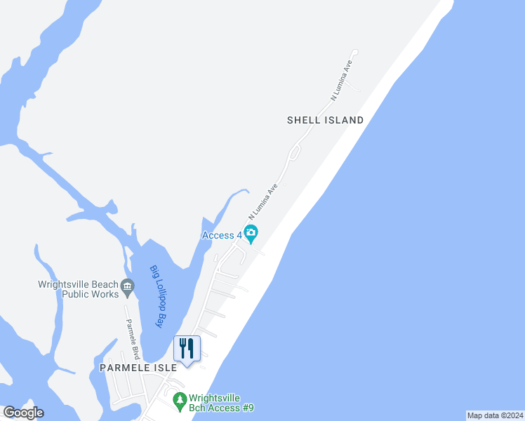 map of restaurants, bars, coffee shops, grocery stores, and more near 2400 North Lumina Avenue in Wrightsville Beach