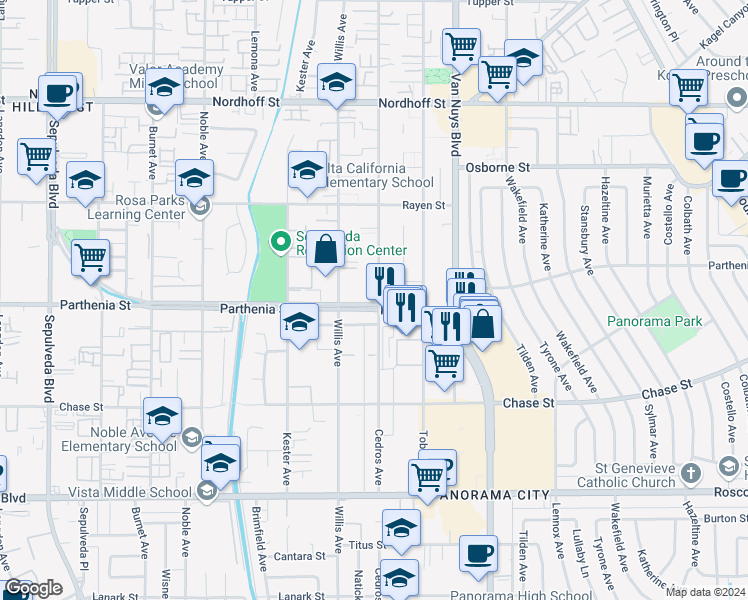 map of restaurants, bars, coffee shops, grocery stores, and more near 14701 Parthenia Street in Los Angeles