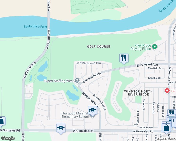 map of restaurants, bars, coffee shops, grocery stores, and more near 2338 Eagle Creek Lane in Oxnard