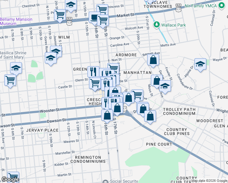 map of restaurants, bars, coffee shops, grocery stores, and more near 619 South 17th Street in Wilmington