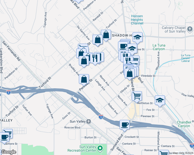 map of restaurants, bars, coffee shops, grocery stores, and more near 11068 Penrose Street in Los Angeles