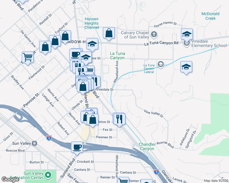 map of restaurants, bars, coffee shops, grocery stores, and more near 8753 Wheatland Avenue in Los Angeles