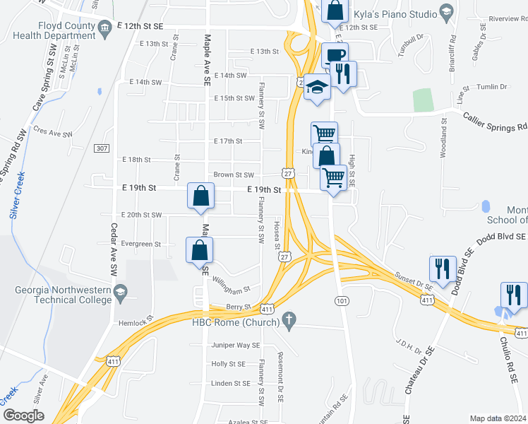 map of restaurants, bars, coffee shops, grocery stores, and more near 501 East 20th Street Southwest in Rome