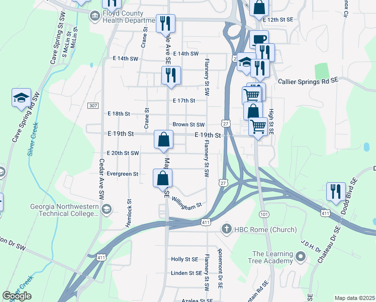 map of restaurants, bars, coffee shops, grocery stores, and more near 415 East 20th Street Southwest in Rome