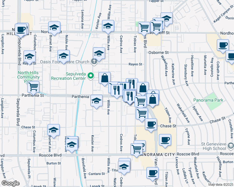 map of restaurants, bars, coffee shops, grocery stores, and more near 14707 Parthenia Street in Los Angeles