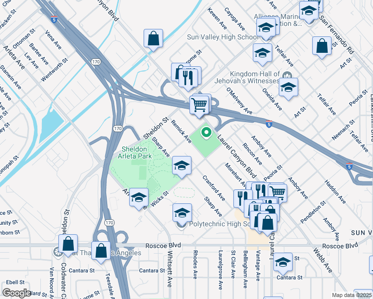 map of restaurants, bars, coffee shops, grocery stores, and more near 8730 Cranford Avenue in Los Angeles