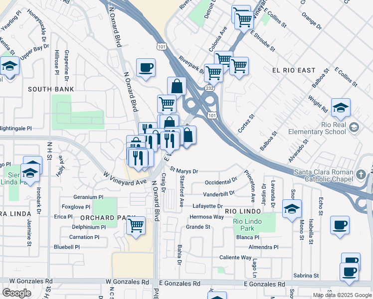 map of restaurants, bars, coffee shops, grocery stores, and more near 300 East Esplanade Drive in Oxnard