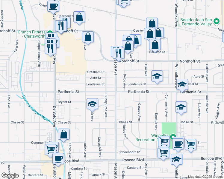 map of restaurants, bars, coffee shops, grocery stores, and more near 20513 Parthenia Street in Los Angeles