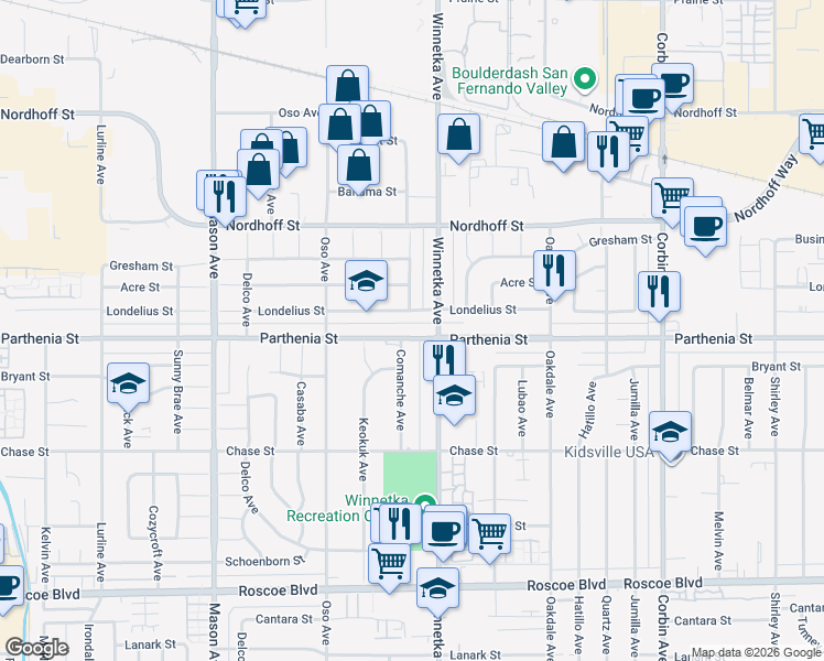 map of restaurants, bars, coffee shops, grocery stores, and more near 20125 Parthenia Street in Los Angeles
