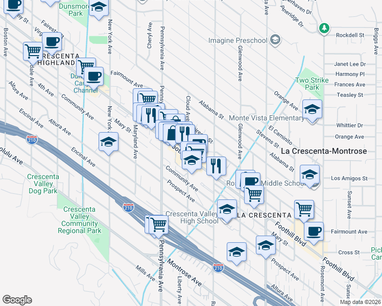 map of restaurants, bars, coffee shops, grocery stores, and more near 3075 Foothill Boulevard in La Crescenta-Montrose
