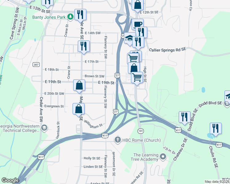 map of restaurants, bars, coffee shops, grocery stores, and more near 515 East 20th Street Southwest in Rome