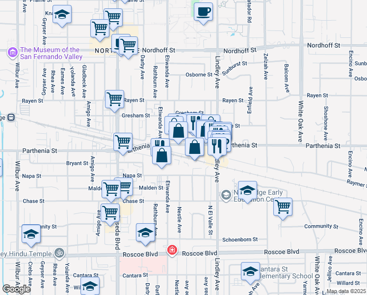 map of restaurants, bars, coffee shops, grocery stores, and more near 18214 Parthenia Street in Los Angeles