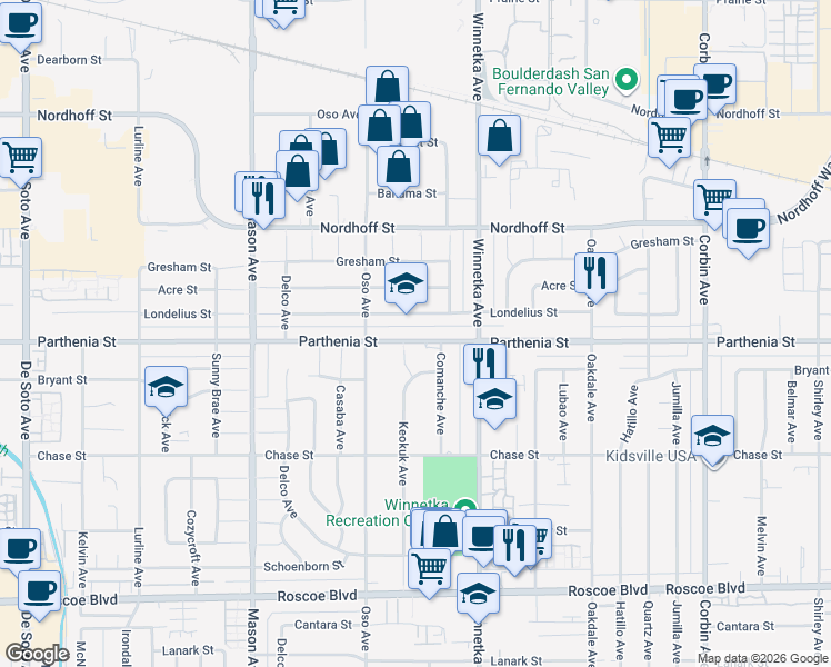 map of restaurants, bars, coffee shops, grocery stores, and more near 20205 Parthenia Street in Los Angeles