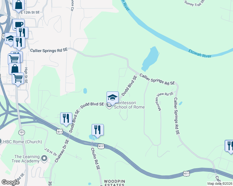 map of restaurants, bars, coffee shops, grocery stores, and more near 108 Pine Park Dr SE in Rome