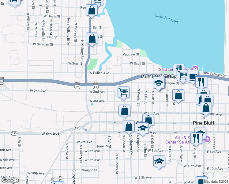 map of restaurants, bars, coffee shops, grocery stores, and more near 1302 West 2nd Avenue in Pine Bluff
