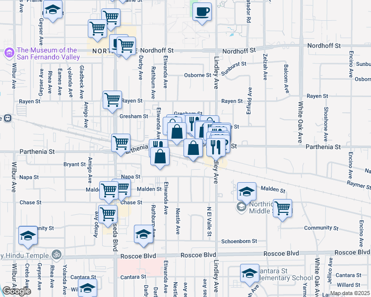 map of restaurants, bars, coffee shops, grocery stores, and more near 18214 Parthenia Street in Los Angeles