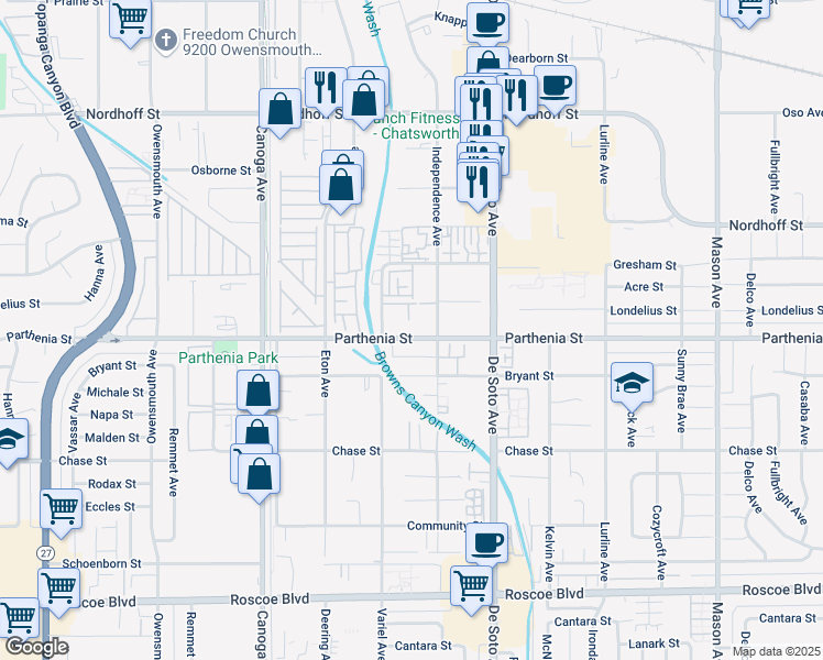 map of restaurants, bars, coffee shops, grocery stores, and more near 21031 Parthenia Street in Los Angeles