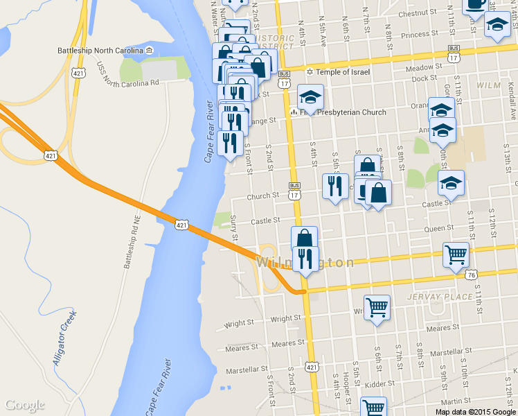 map of restaurants, bars, coffee shops, grocery stores, and more near 511 South Front Street in Wilmington