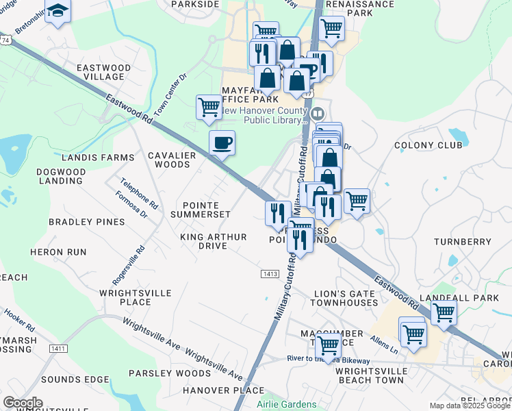 map of restaurants, bars, coffee shops, grocery stores, and more near 1600 Sturdivant Drive in Wilmington