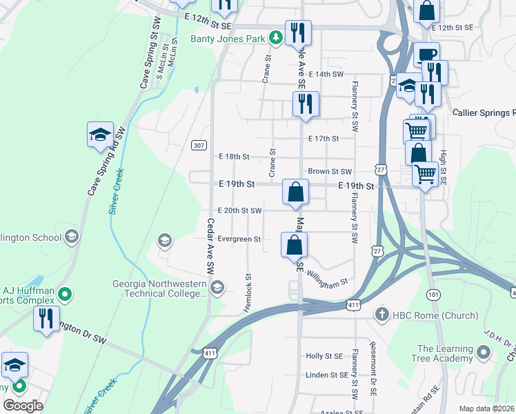 map of restaurants, bars, coffee shops, grocery stores, and more near 211 East 20th Street Southwest in Rome