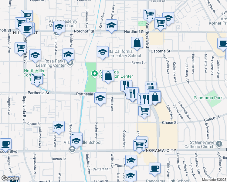 map of restaurants, bars, coffee shops, grocery stores, and more near 8702 Willis Avenue in Los Angeles