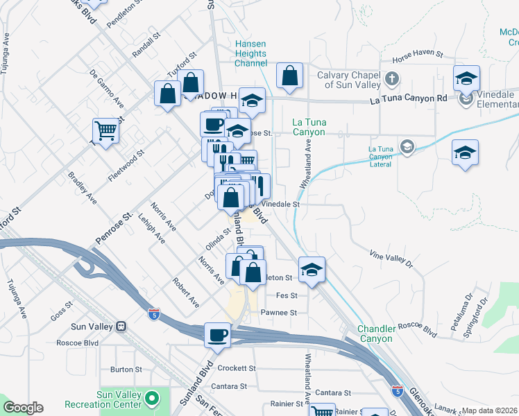 map of restaurants, bars, coffee shops, grocery stores, and more near 8742 Glenoaks Boulevard in Los Angeles