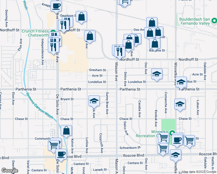 map of restaurants, bars, coffee shops, grocery stores, and more near 20533 Parthenia Street in Los Angeles