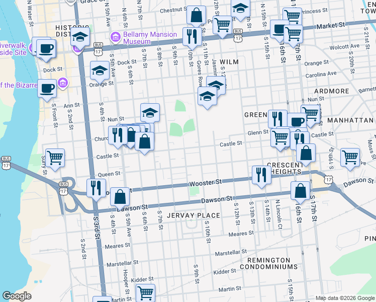 map of restaurants, bars, coffee shops, grocery stores, and more near 902 Castle Street in Wilmington