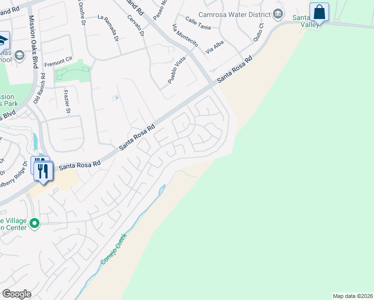 map of restaurants, bars, coffee shops, grocery stores, and more near 40221 Village 40 in Camarillo